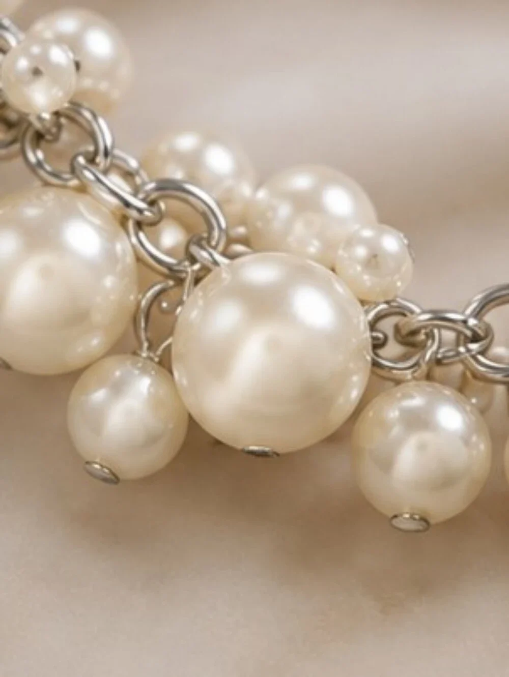 Faux Pearl Cluster Statement Bracelet Silver Tone Adjustable NOT